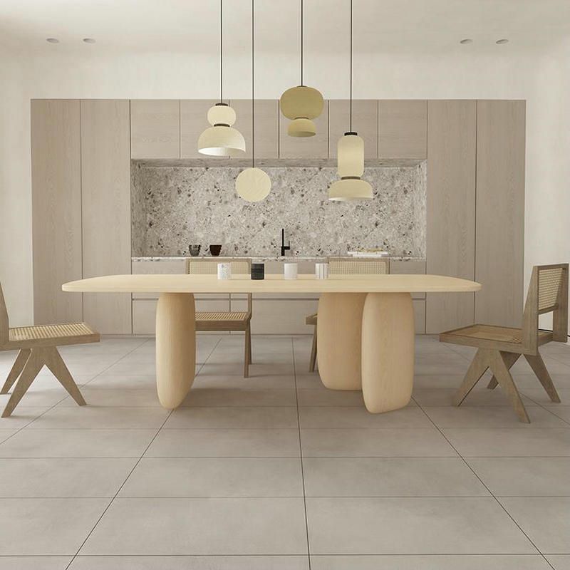 Table à manger rectangulaire jaune clair, Table en bois massif de pin de luxe avec 3 pieds