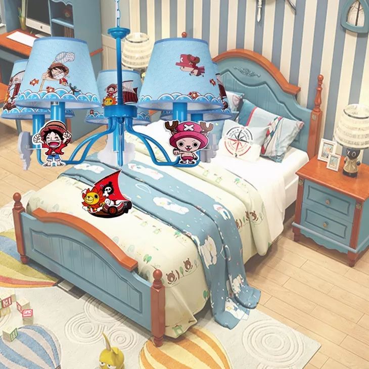 Cartoon Pirat -Kronleuchter mit verjüngten Schatten Metall 5 Köpfen Blau Anhänger Licht für Jungen Schlafzimmer