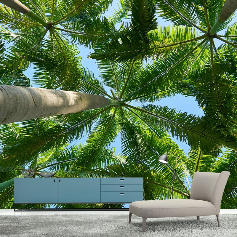 Tropical Palm Leaves Mural Soft Color Stain Resistant Wall Covering for Living Room