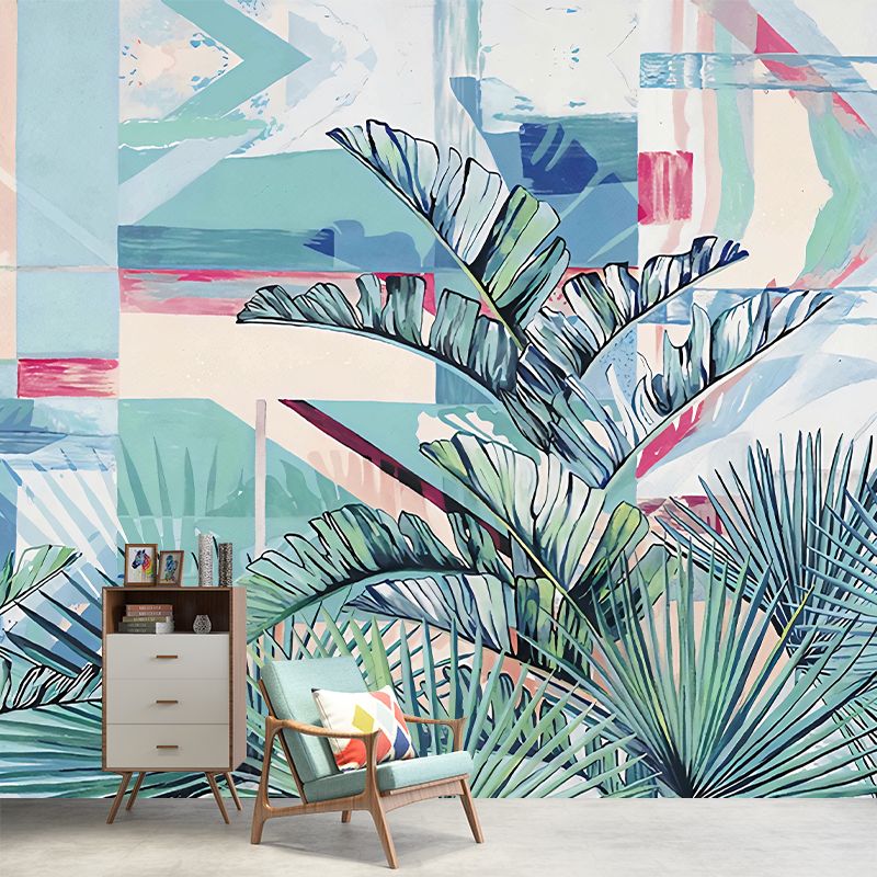 Whole Plants Wall Murals Tropics Leaves Wall Covering in Blue-Green for Living Room
