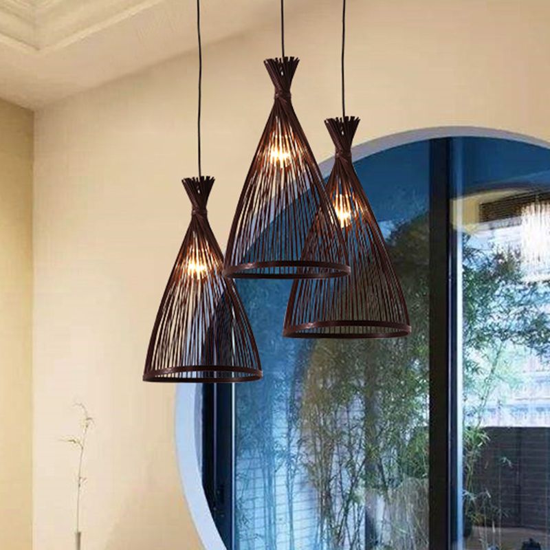 Bamboo Conical Pendant Lamp Japanese Style 1 Head Ceiling Hang Light for Tea Room