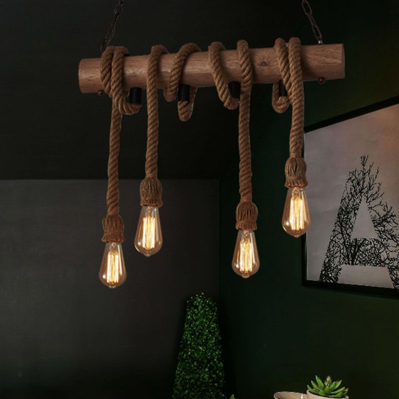 4 Heads Island Pendant Light Antique Exposed Bulb Hemp Rope Ceiling Lighting in Wood