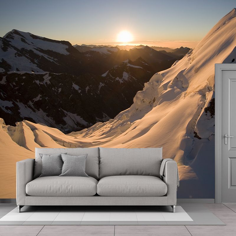 Snow Mountain Sunset Scene Mural Wallpaper Modern Non-Woven Wall Covering in White-Brown