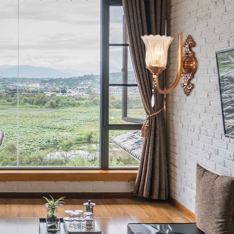 Cognac Glass Flower Wall Mounted Light Vintage 1/2 Heads Brass Sconce Light Fixture with Crystal Drop