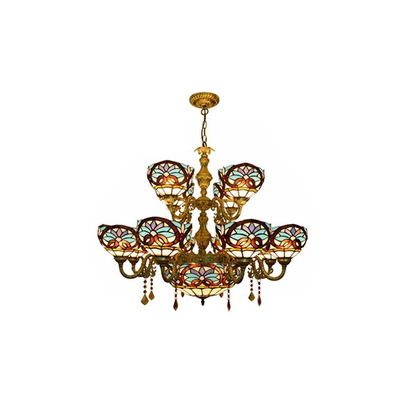 Ciotola rustica lampadario invertito colorato di vetro 15 teste a due livelli in blu per soggiorno