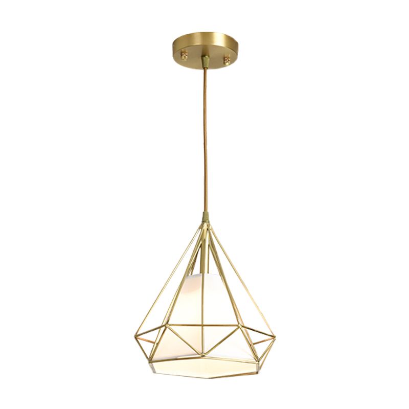 Messing diamant kooi hanglampverlichting eenvoud 1 hoofd metalen plafond suspensielampje met binnenste vlasstoffen schaduw