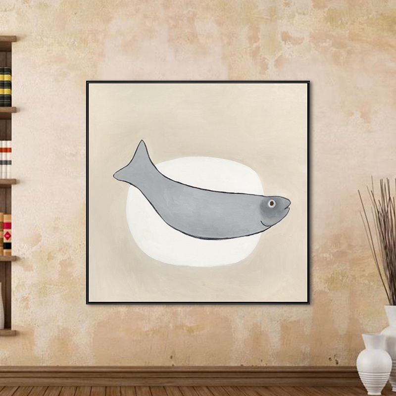 Cartoon Square Wall Art Decor Grey Fish and Elliptical Canvas Print for Dining Room