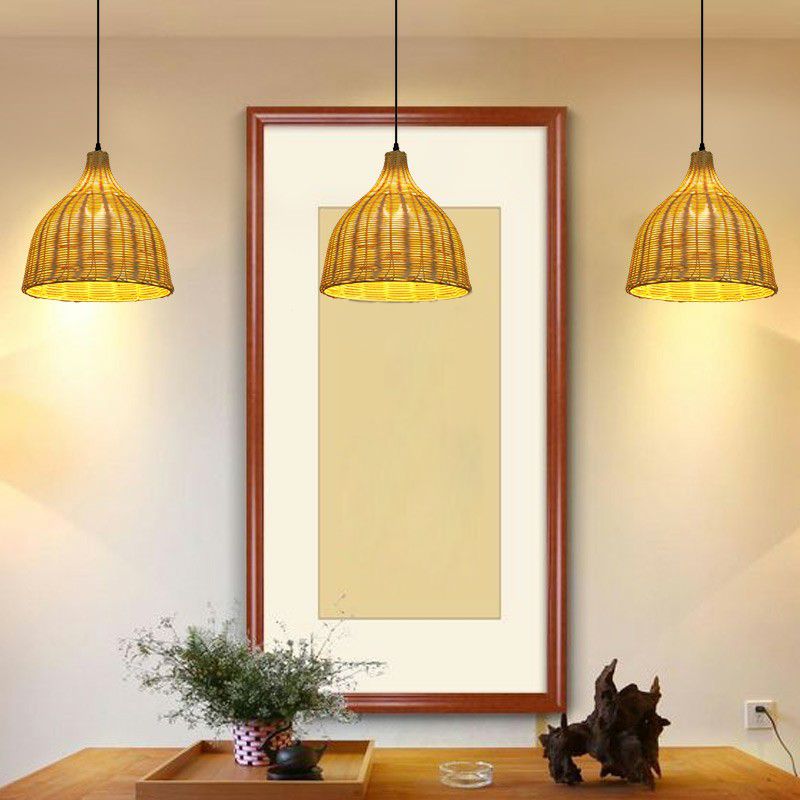 Bell Shade Tea Room Pendant Lighting Bamboo Single-Bulb Asian Ceiling Suspension Lamp in Wood