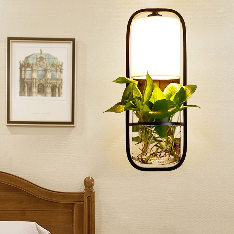 Fabric Black Wall Sconce Cylindrical 1 Head Industrial Wall Lamp with Rectangle Cage and Plant Container