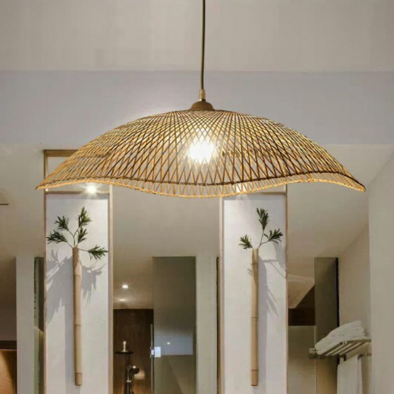 Wave-Edge Suspension Lighting Asian Bamboo 1-Bulb Bedroom Pendant Light in Beige