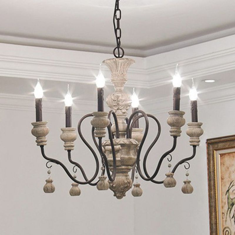 Resin Candlestick Chandelier French Country Dining Room Hanging Lamp in Black-Grey