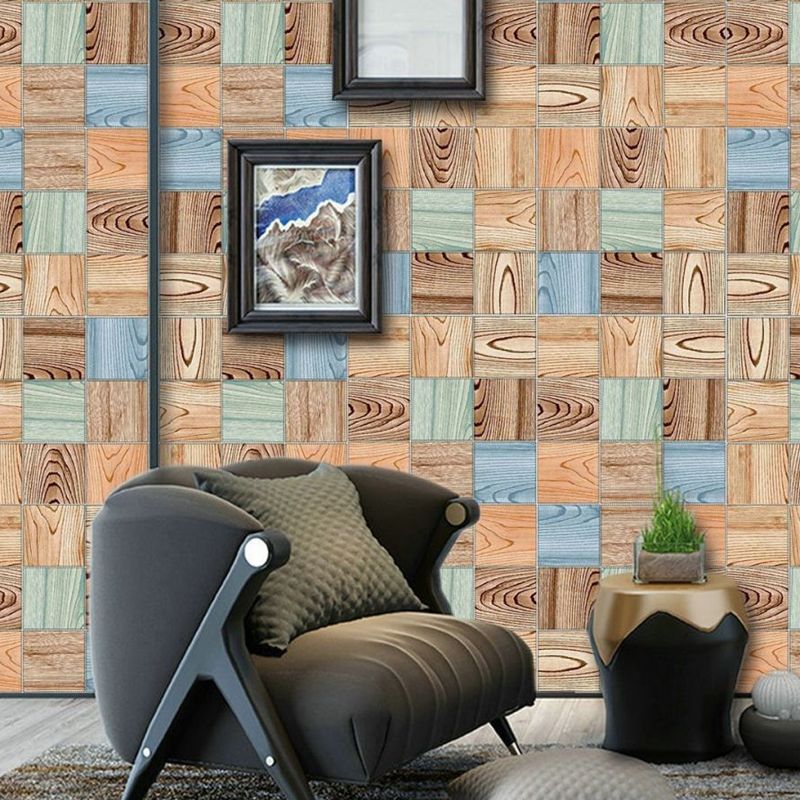 Splicing Wood Grain Wallpaper Panel Industrial Smooth Wall Art in Blue-Brown, Stick On