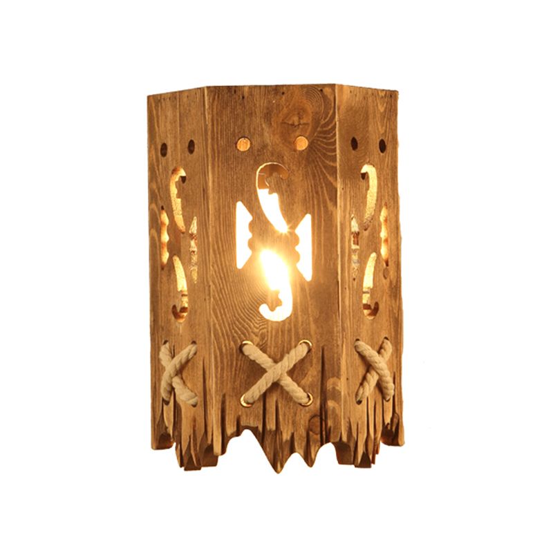 Wood Cylinder Shade Wall Lamp Country Stylish 1 Head Brown Wall Sconce Fixture for Restaurant
