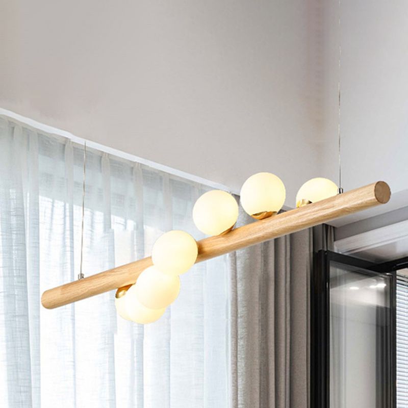 Modern Simple Wood Island Light with Spherical Shade 5/7 Lights Opal Glass Ceiling Lamp for Dining Room