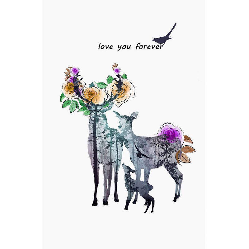 Deer Family Watercolor Murals Art Deco Moisture Resistant Bedroom Wall Covering, Customized Size
