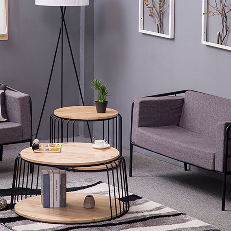 Nordic Solid Wood Round Coffee Cocktail Table with Floor Shelf