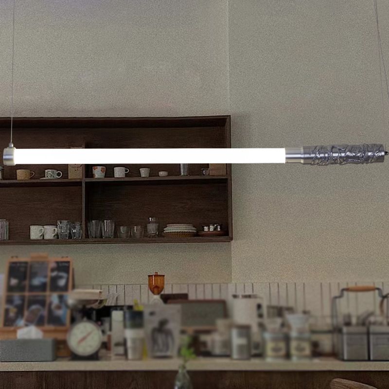 Silver Modern Metal Ceiling Light Tube Shape Island Light with Acrylic Shade for Bedroom