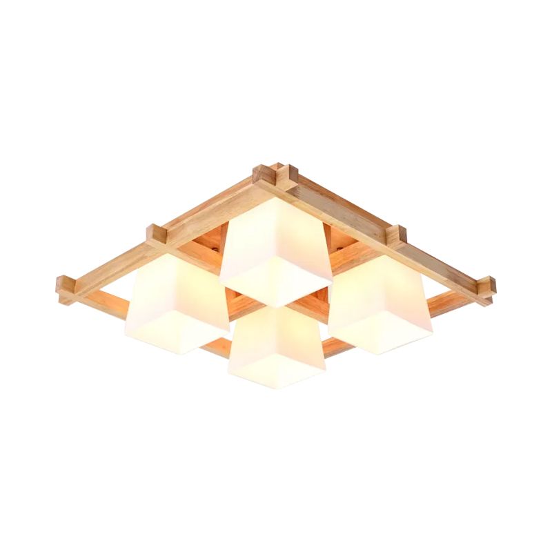 Nordic 4/6/9-Light Ceiling Mount Light Wood Grid Semi Flush Mount with Opal Frosted Glass Shade