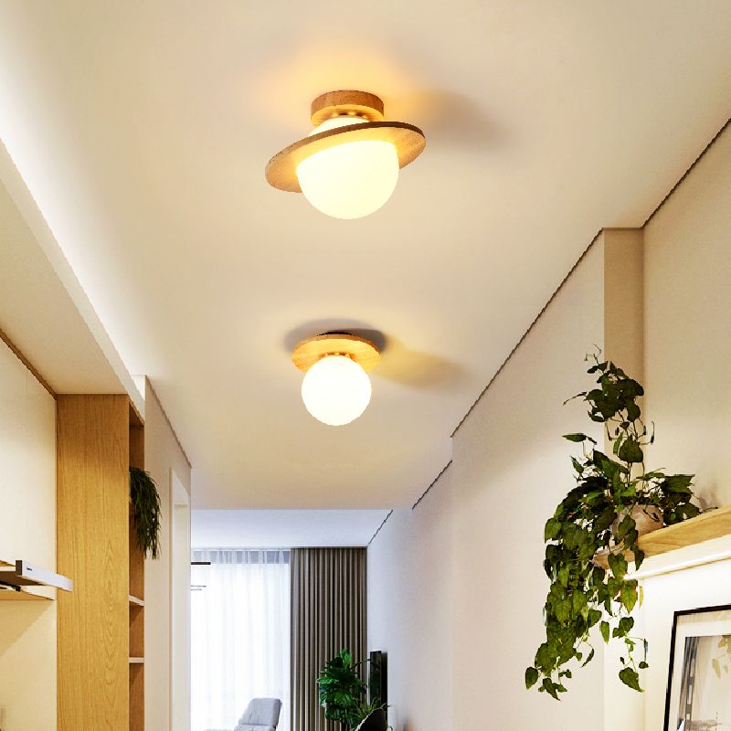 Contemporary Sphere Flush Light Fixture Wood 1 Light Flush Mount Lamps in Brown