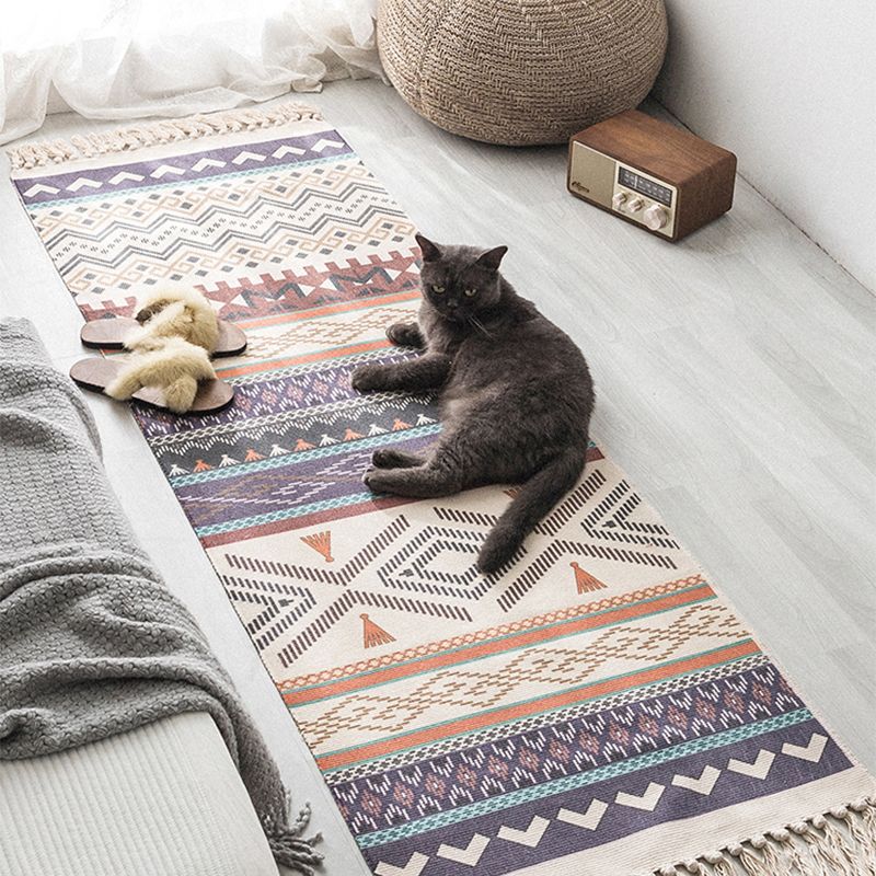 Moroccan Geometric Print Rug Multi Color Cotton Blend Carpet Machine Washable Pet Friendly Rug with Tassel for Room