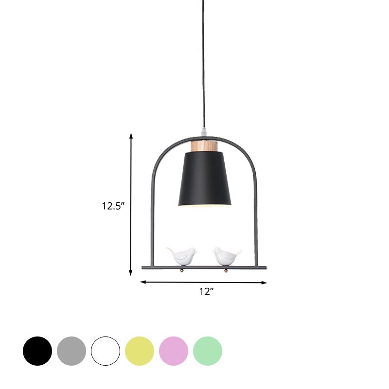 Iron Bucket Pendulum Light Macaron 1 Head Grey/Yellow/Pink Hanging Lamp Kit with Arch Frame and Bird Decor