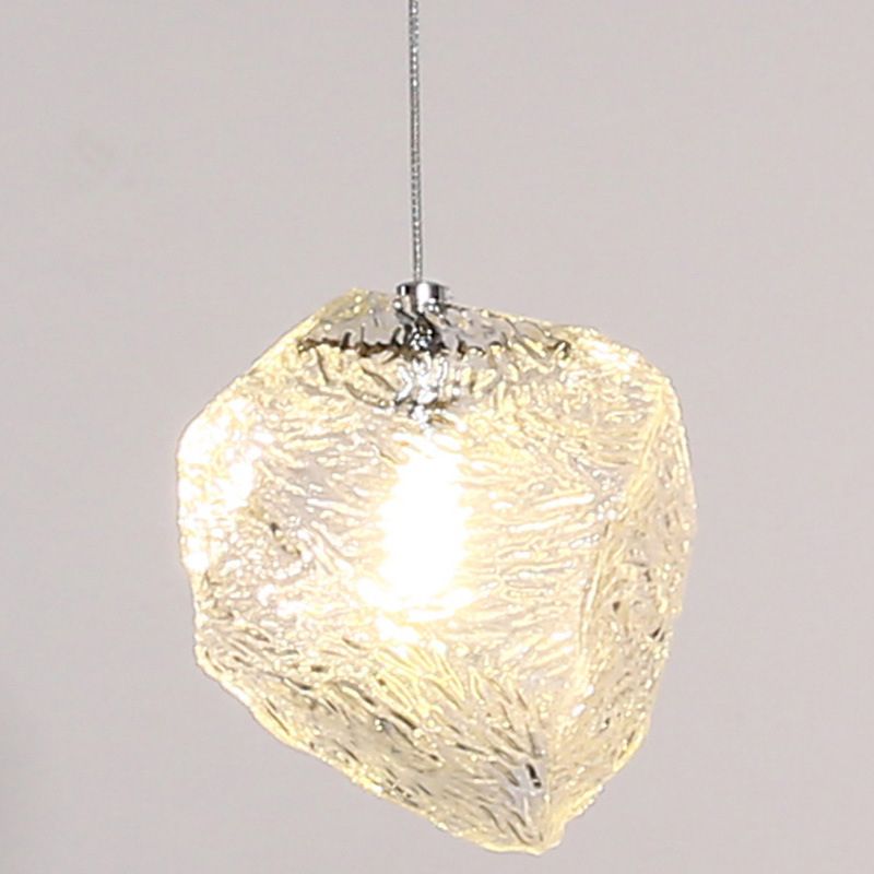 Icy Glass Stone Shaped Suspension Lamp Simplicity 1-Light Chrome Pendant for Dining Room