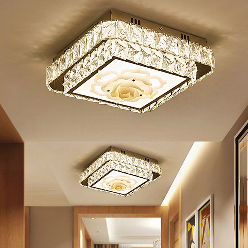 Modern Round/Square Flush Mount Light Faceted Crystal LED Nickel Ceiling Lighting with Floral Design