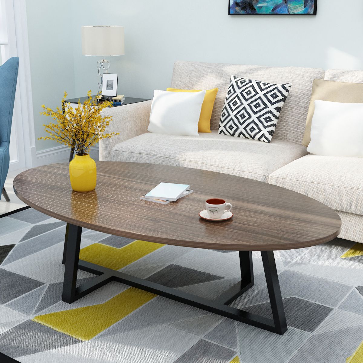 Metal Cross Legs Cocktail Table Wooden Oval Top Coffee Table