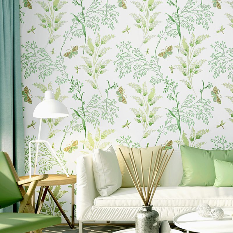 Guest Room Wallpaper with Light Green Dense Flower Patter and Branch, 33'L x 20.5"W, Non-Pasted