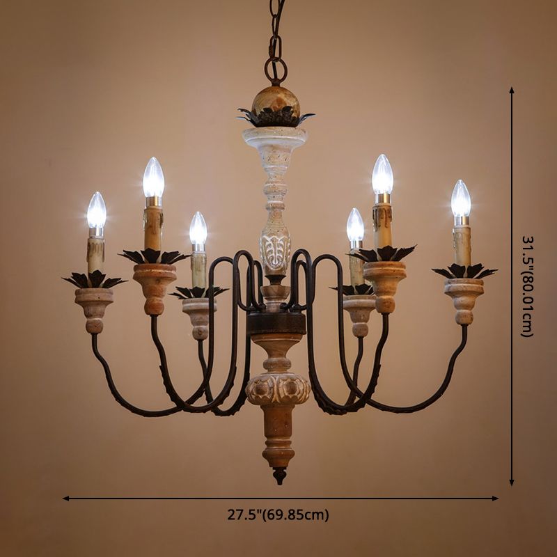 Rustic Candlestick Pendant Light Fixture Wooden Chandelier in Distressed White