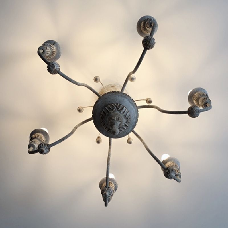 Hand Carving Aged Solid Wood Chandelier 6-light Rustic Style Candlestick Design Lighting Fixture for Coffee Shop
