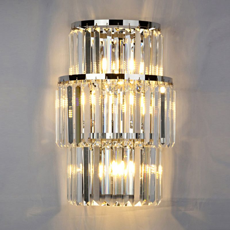 Crystal Block Cylinder Wall Mounted Light Contemporary 3 Lights Silver Sconce Light
