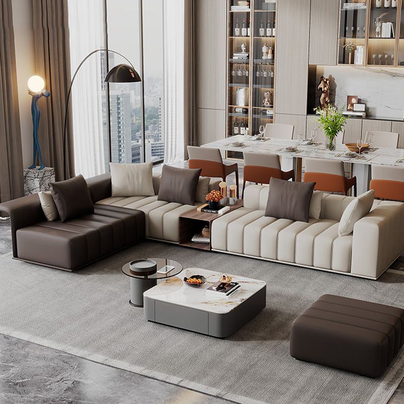 Genuine Leather Sofa with Pillows 24" H Square Arm Sofa in Beige and Brown