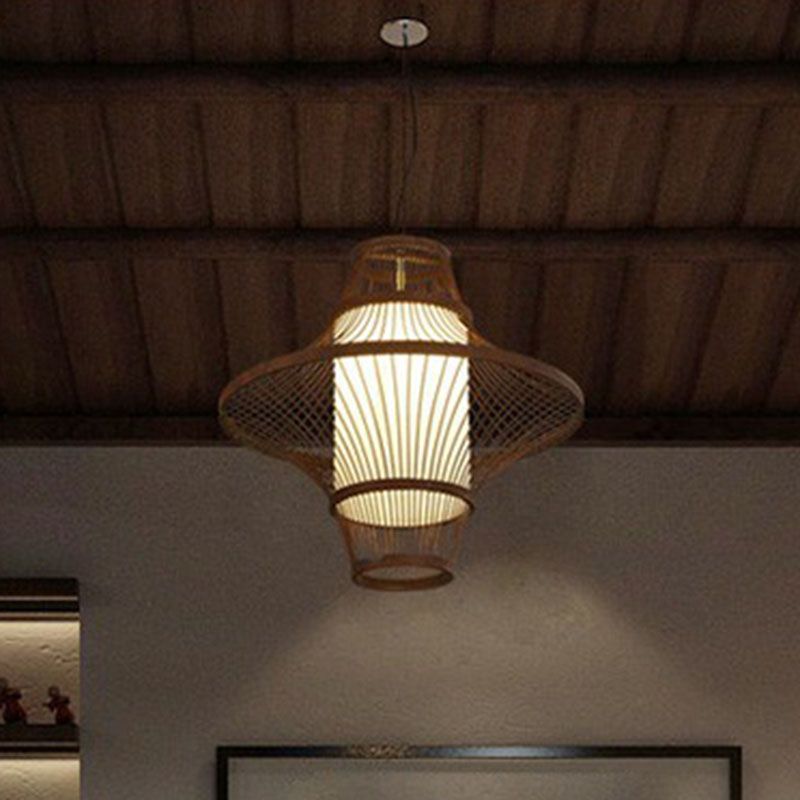 Flared Bamboo Pendant Light Fixture Asian Single Bulb Suspension Lighting with White Shade Inner