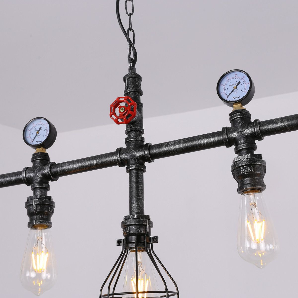 Pipe and Gauge Metal Island Lighting Industrial 5 Lights Restaurant Suspension Light with Cage in Black