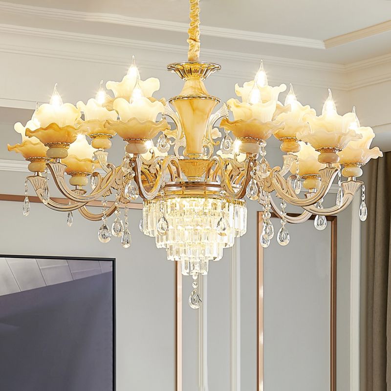 Gold Floral Ruffle Ceiling Lighting Traditional Jade Living Room Chandelier Light with Crystal Draping