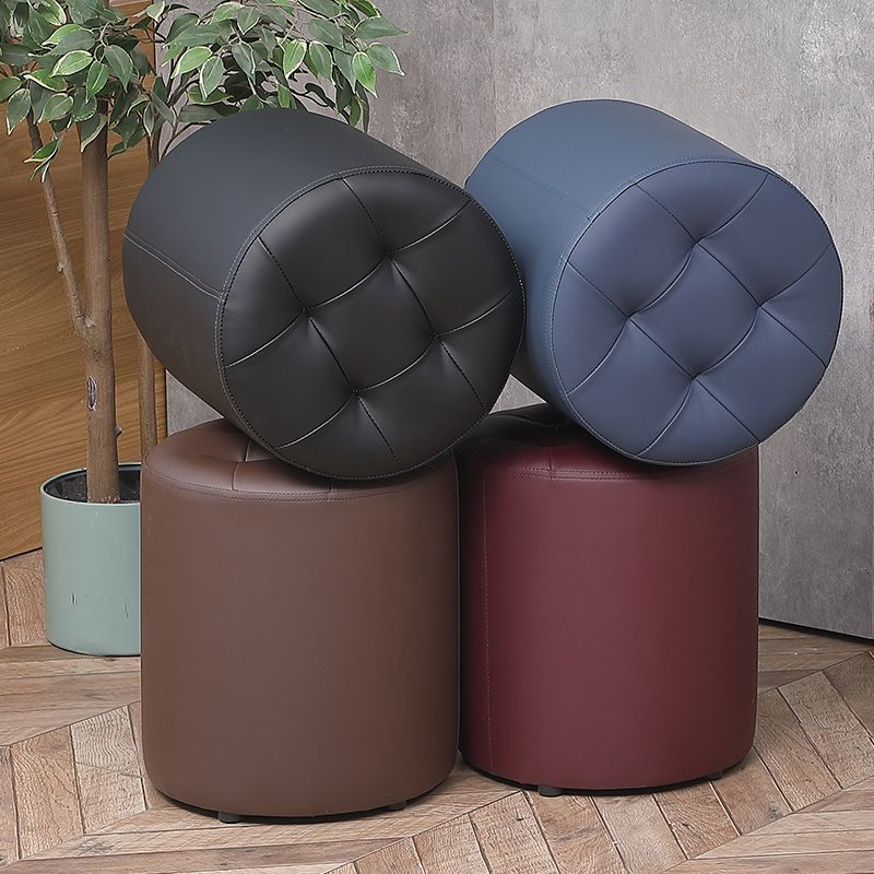 Modern Plain Ottoman Water Resistant Faux Leather Tufted Round Stool Ottoman