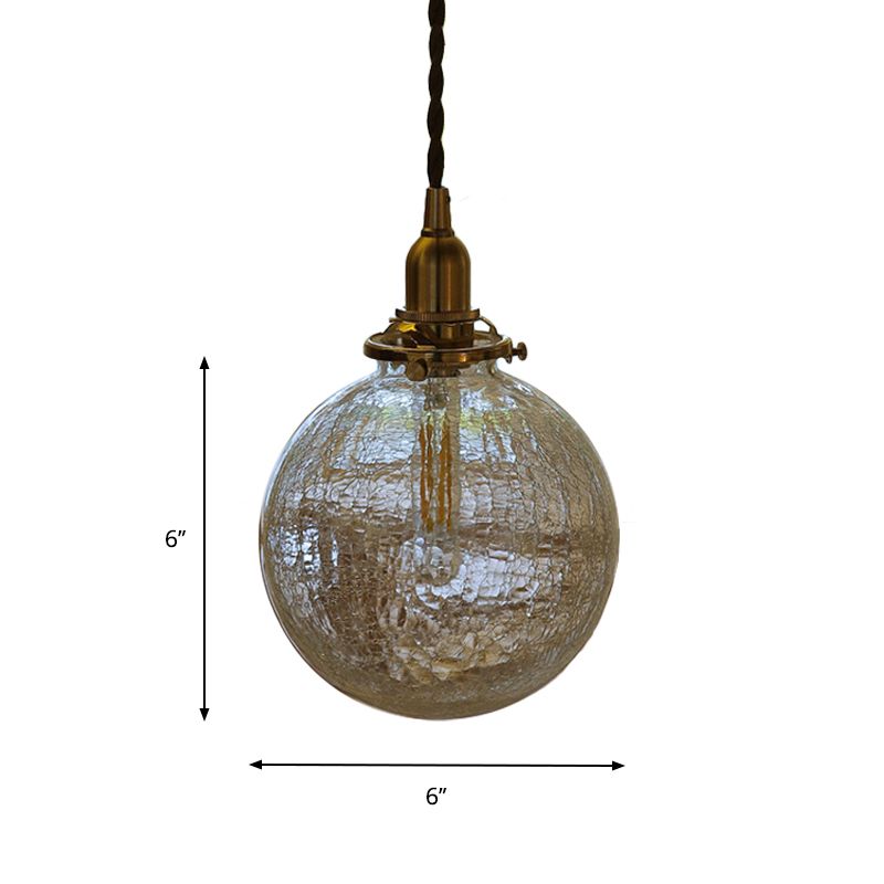 1-Bulb Clear Crackle Glass Drop Pendant Minimalist Brass Ball Washroom Suspended Lighting Fixture