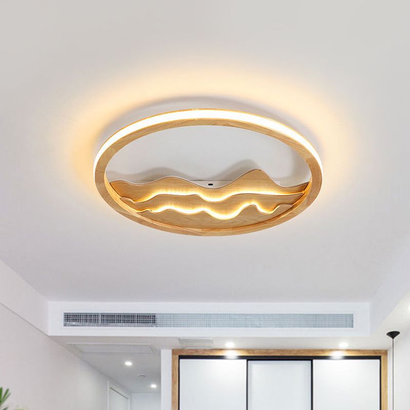 13"/17" W Circle Ceiling Light Fixture Simple Wood LED Beige Flush Mount Lamp with Landscape Design