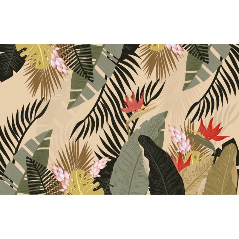 Leaves and Flowers Mural Wallpaper Tropical No-Woven Textured Wall Decor in Green