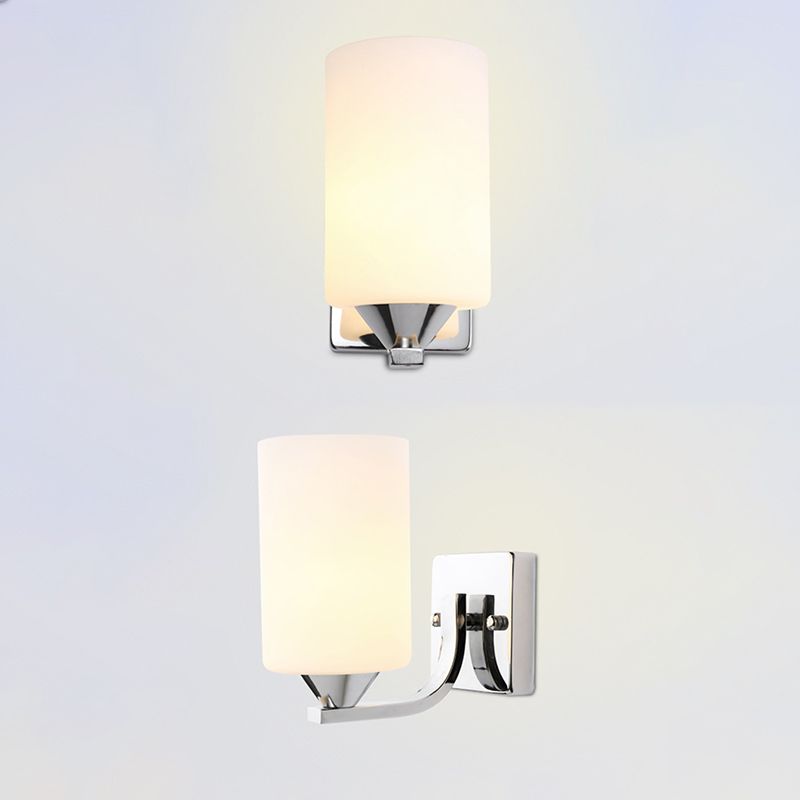 Lámpara de pared de vidrio cilíndrico de leche blanca accesorio de iluminación de estilo de estilo contemporáneo en plata pulida