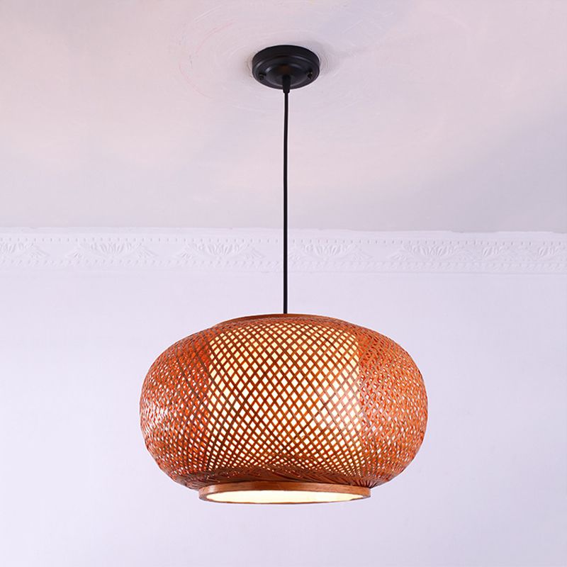 Curved Drum Suspension Pendant Asian Bamboo 1 Bulb Brown Hanging Light Kit, 16"/19.5"/23.5" Wide