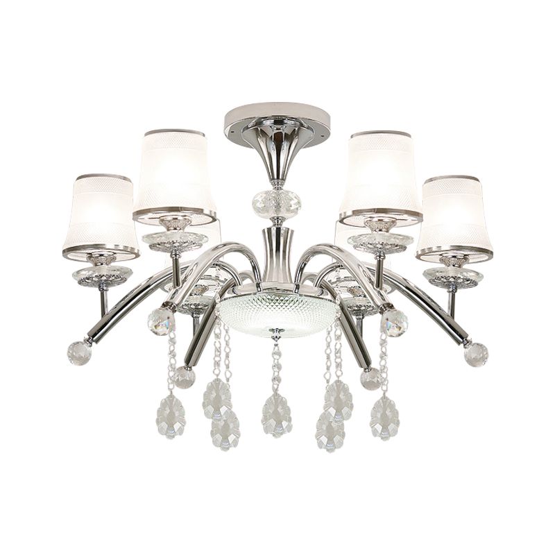 Modernismo Bell Semi Flush Mount de 6 bombas Luz de alza de vidrio esmerilado en cromo con caída de cristal