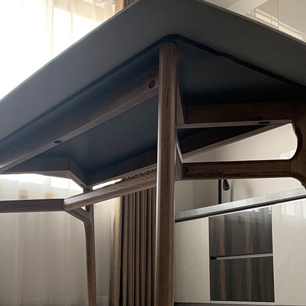 Mid-Century Dining Table with Brown Wood Frame Stone Top Dinette Table