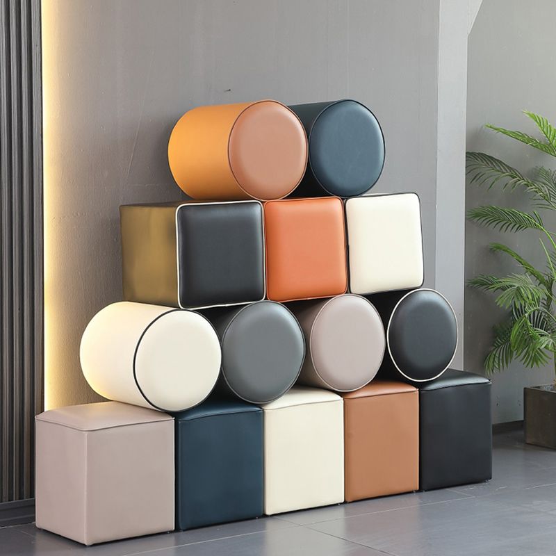 Contemporary Pouf Ottoman Genuine Leather Upholstered Solid Color Ottoman