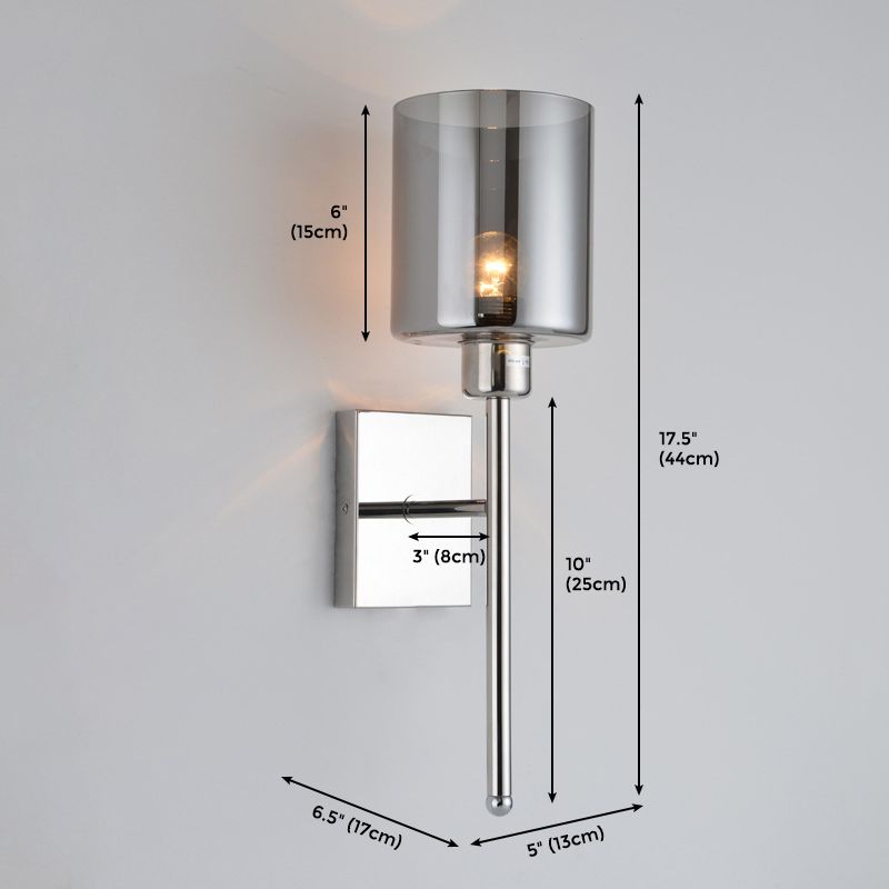 Single Modern Wall Mounted Lamp, Wallchiere Design Nickel Finish, Cylinder Shaped Gray Glass Shade Included