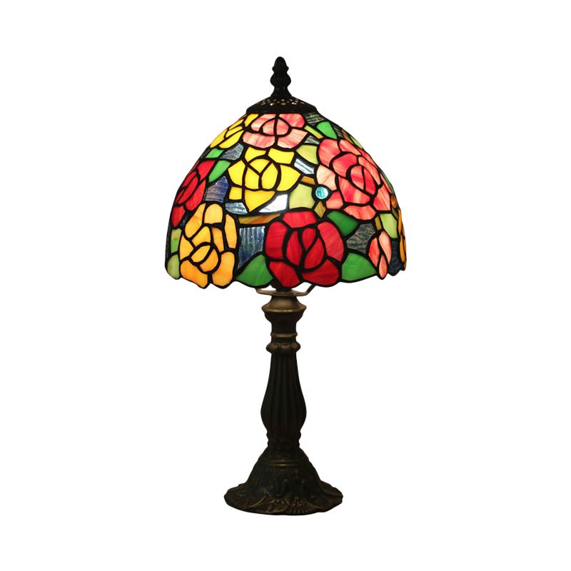 Bronze 1 Head Night Table Light Tiffany Style Cut Glass Yellow/Orange/Purple Rose Patterned Desk Lighting with Dome Shade