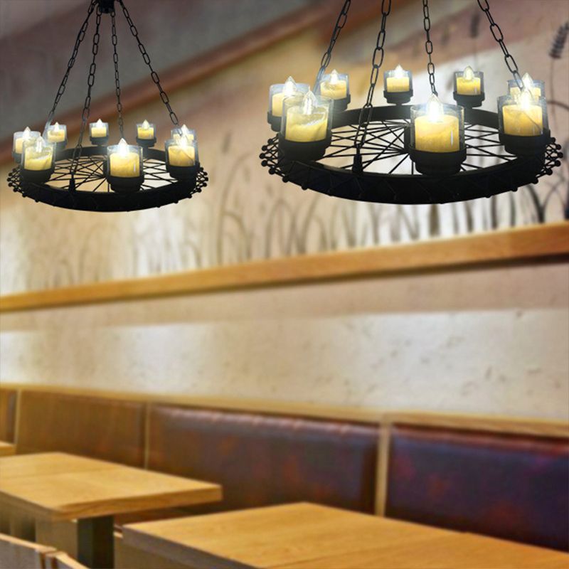Éclairage de plafond de bougie vintage avec nuage de cylindre et roue à 8 lumière d'éclairage en fer en noir en noir pour restaurant