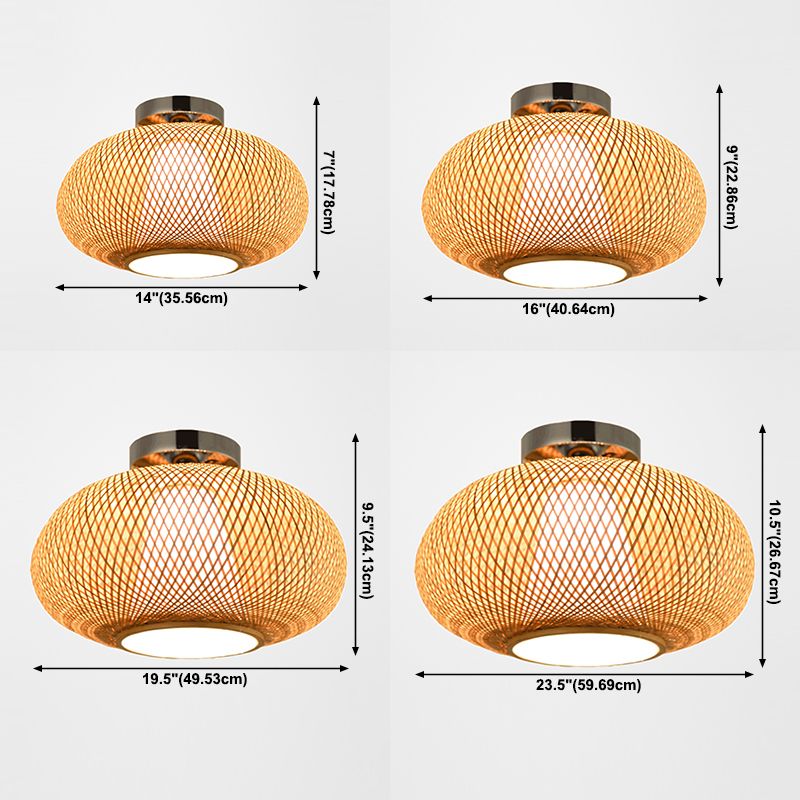 Round Ceiling Mount Light Fixture Asia Bamboo Beige Semi Flush Light
