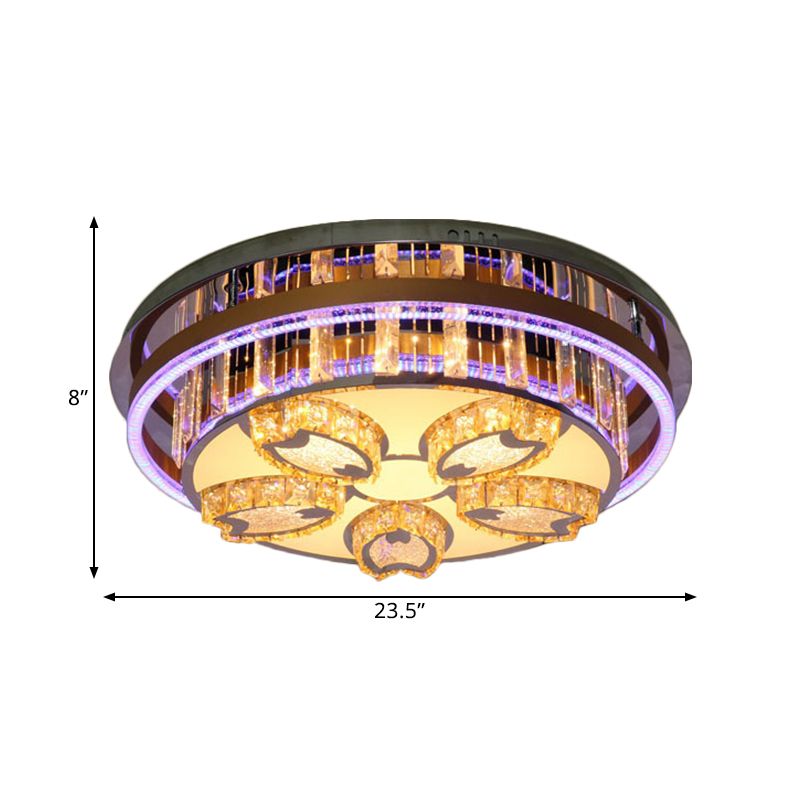 LED Circular Flush Mount Light Modern Stainless-Steel Finish Clear Crystal Blocks Ceiling Fixture